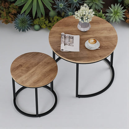 Space-Saving Round Nesting Coffee Table Set – 2 Wooden Industrial End Tables.