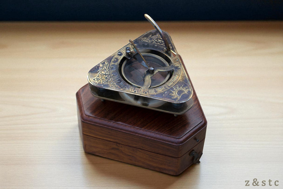 Gilbert & Sons Brass Sundial Compass – Vintage Triangular Design with Wooden Box