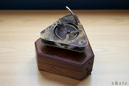 Gilbert & Sons Brass Sundial Compass – Vintage Triangular Design with Wooden Box