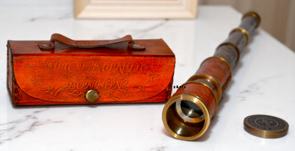 Vintage Brass Leather-Wrapped Telescope with Leather Box Nautical Spyglass Gift