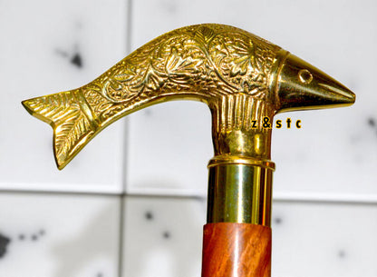 Beautiful Walking Cane with Unique Brass Fish Head Top
