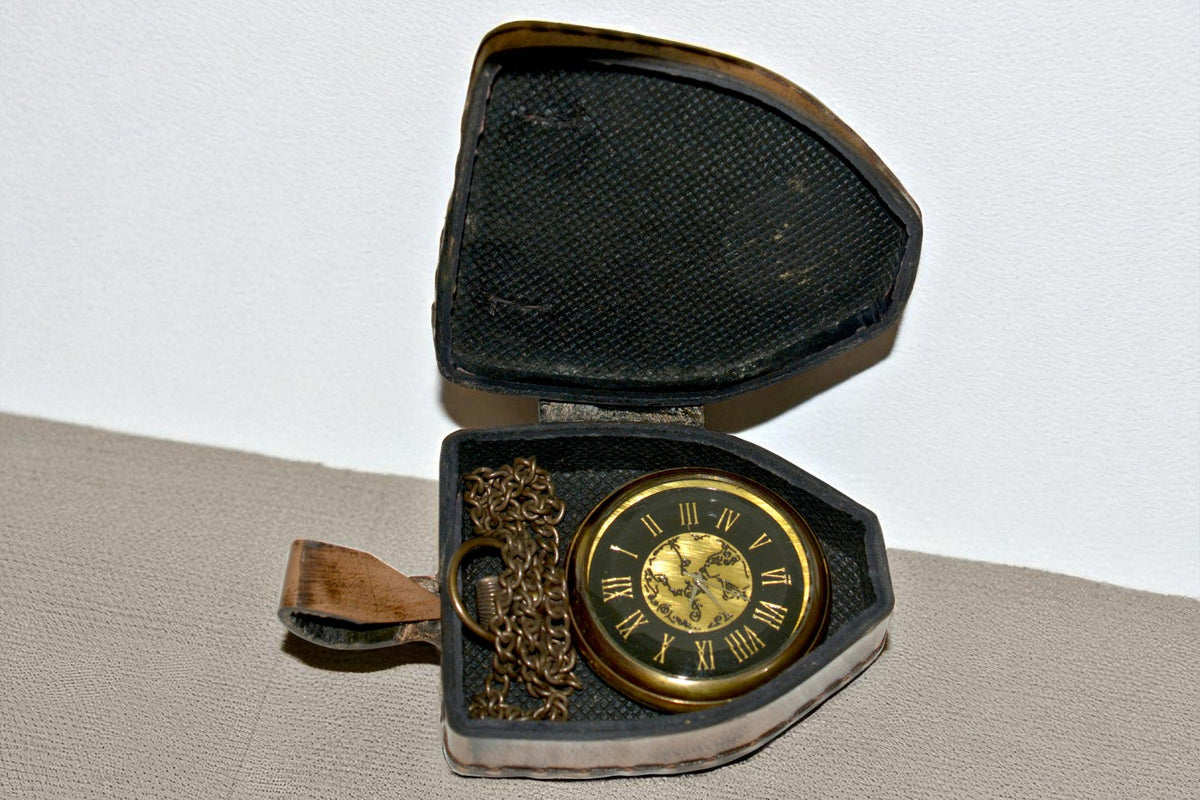 Vintage Brass Pocket Watch with Leather Case – Classic Collectible Timepiece