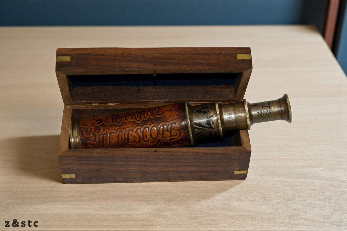 Nautical Brass Spyglass Telescope in Handcrafted Wooden Box – Maritime Decor
