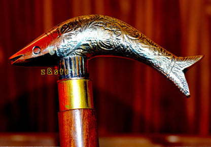 Unique Fish Head Walking Stick – Brass Handle & Wooden Cane – Foldable Design