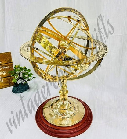 Vintage Brass Armillary Sphere Globe Wooden Base Antique Golden Finish Zodiac De