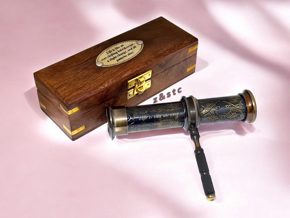 Handmade Brass Kaleidoscope with Wooden Box  Antique Style Replica