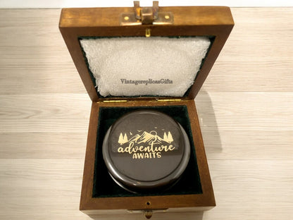 Personalized Vintage Brass 3" Compass with Wooden Box – Custom Engraved Gift