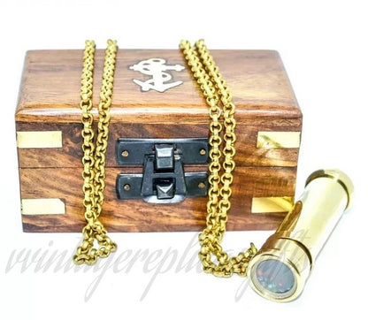 Antique Brass Kaleidoscope Vintage Nautical Maritime Pocket Toy Gift Wooden Box