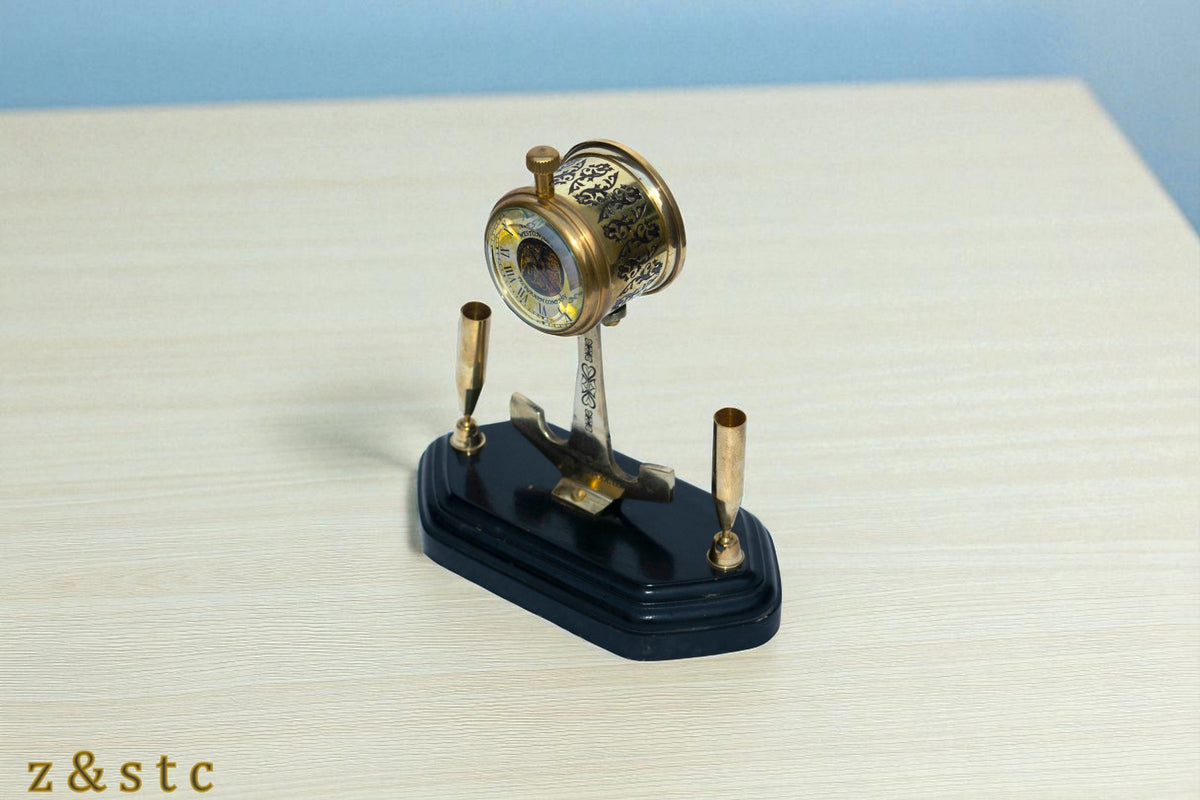Brass Telegraph Figurine Pen Stand Vintage Watch Design Handmade Desk Organizer