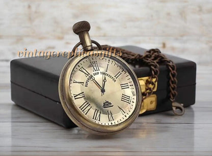Classic Brass Pocket Watch & Chain with Elegant Wooden Box - Perfect Gift Set