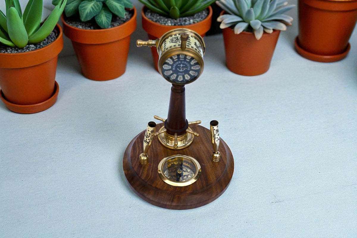 Wooden Brass Pen Holder with Built in Watch, Compass & Telegraph Decorative item