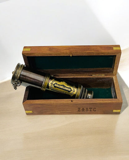Vintage Brass 16" Telescope Spyglass Scope Nautical Maritime With Wooden Box