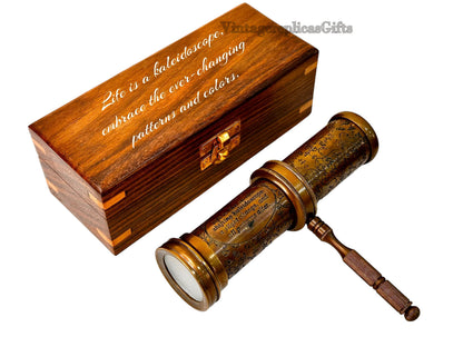 Vintage Brass Kaleidoscope w/ Wooden Box Engraved Custom Wedding Gift, Kids Toy