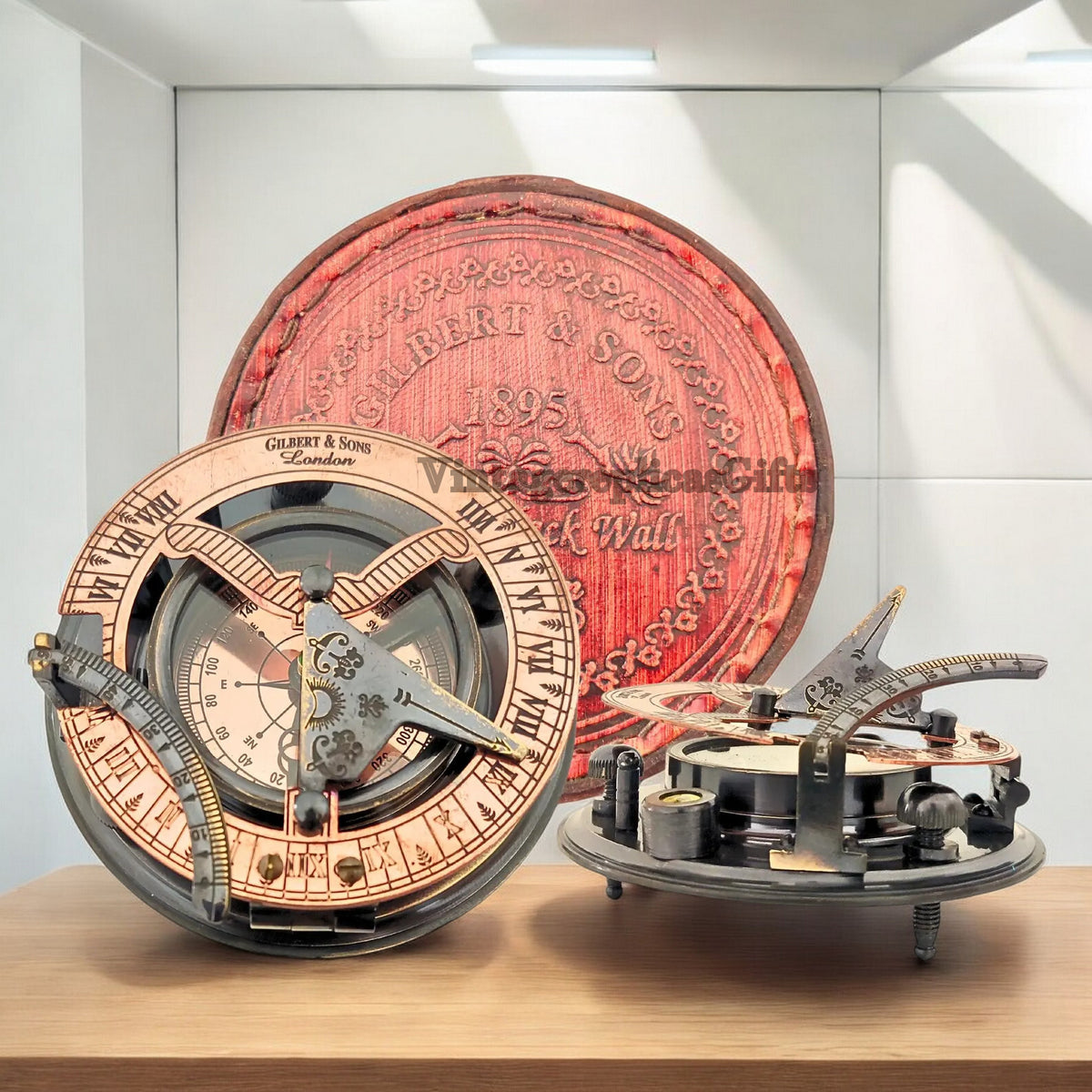 Vintage Brass Sundial Compass 4" with Leather Storage Box - Nautical Collectible