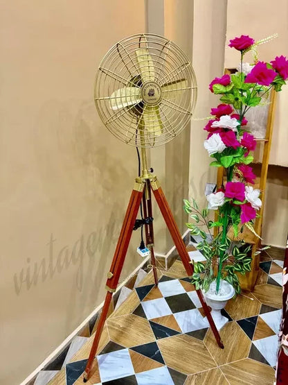 Vintage Brass Tripod Floor Fan 54” | Industrial Wooden Stand Retro Electric Fan