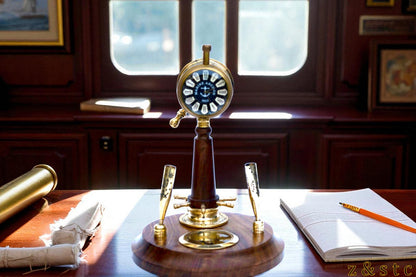 Wooden Brass Pen Holder with Built in Watch, Compass & Telegraph Decorative item