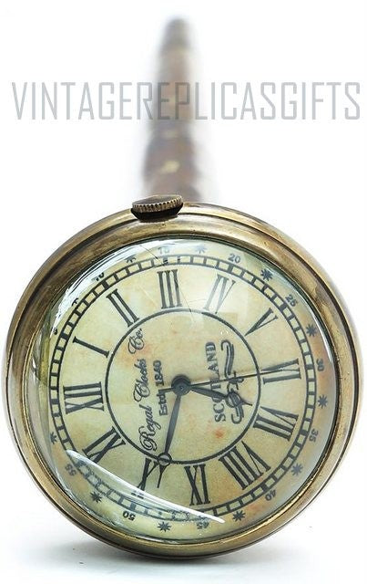 Solid Brass Clock Handle Walking Stick - Steampunk Indian Rosewood Cane - 36"