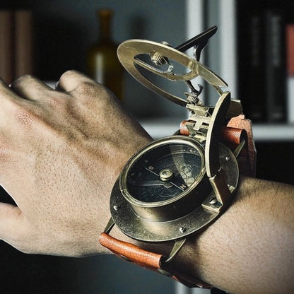 Vintage Maritime Brass Sundial Compass with Leather Strap Steampunk Wrist Watch