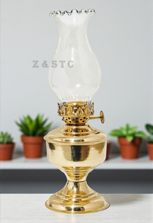 Vintage Glass & Brass Oil Lamp – 9.5" Tall Antique Table Lantern for Home Decor,