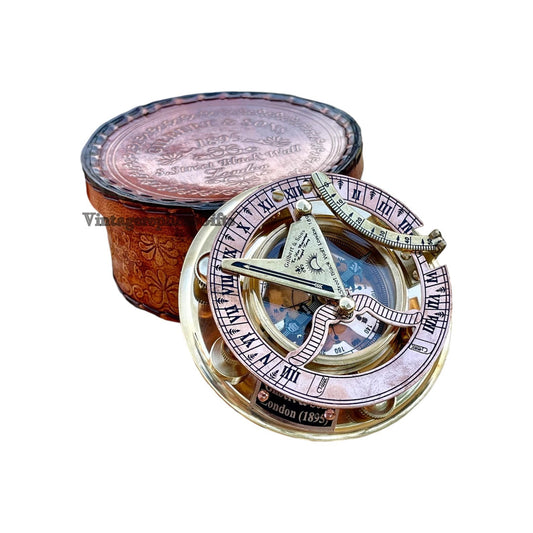 Vintage Brass Sundial Compass 4" with Leather Box - Nautical Collectible Gift