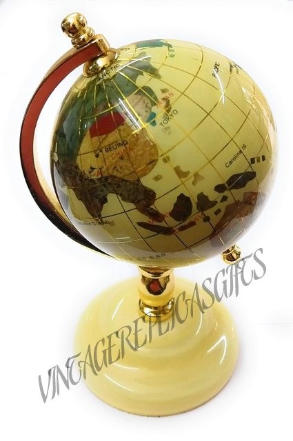 Rare Vintage Gemstone World Globe 3" Off-White Ocean with Golden Stand Handmade