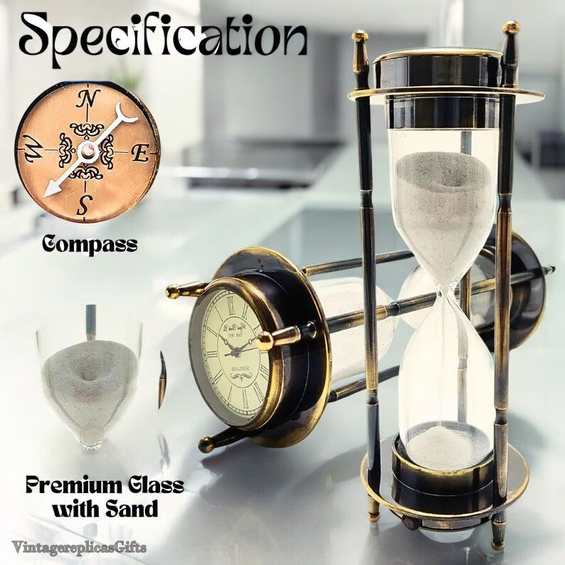 Antique Style Brass Hourglass Sand Timer with Elegant Clock & compass Home Decor