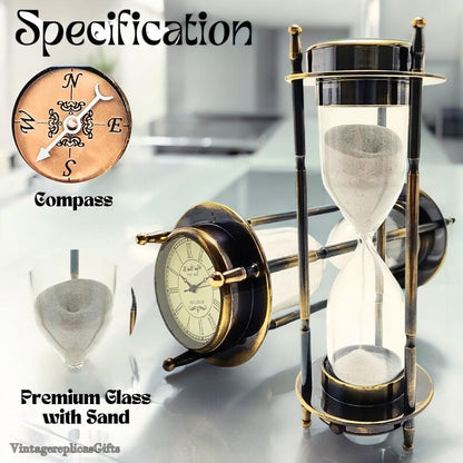 Antique Style Brass Hourglass Sand Timer with Elegant Clock & compass Home Decor