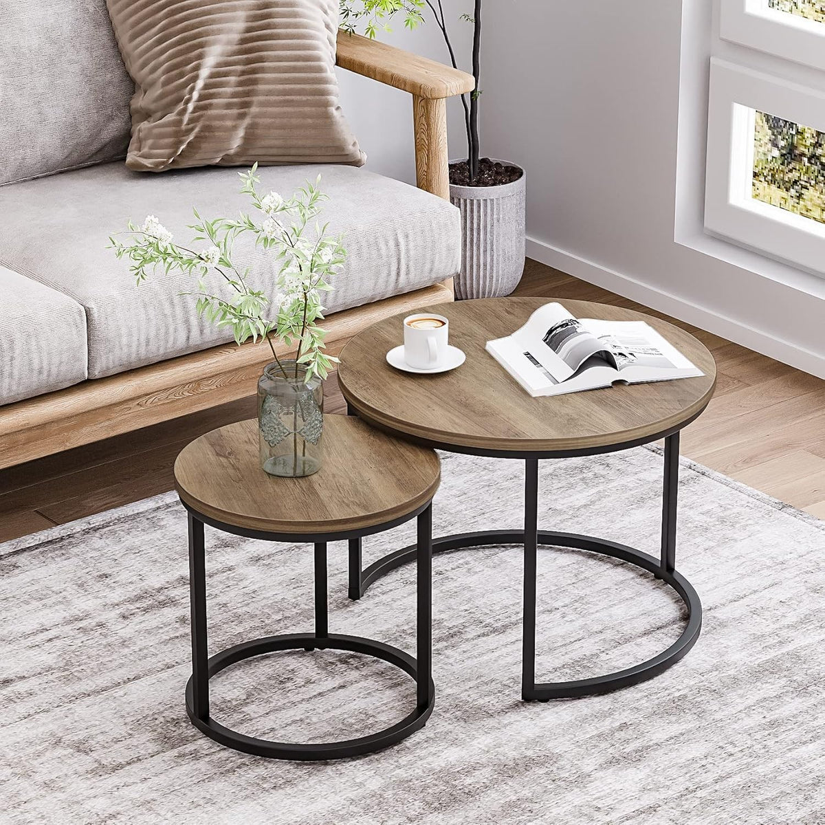 Space-Saving Round Nesting Coffee Table Set – 2 Wooden Industrial End Tables.