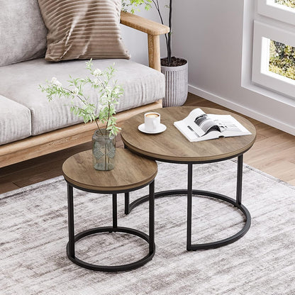 Space-Saving Round Nesting Coffee Table Set – 2 Wooden Industrial End Tables.