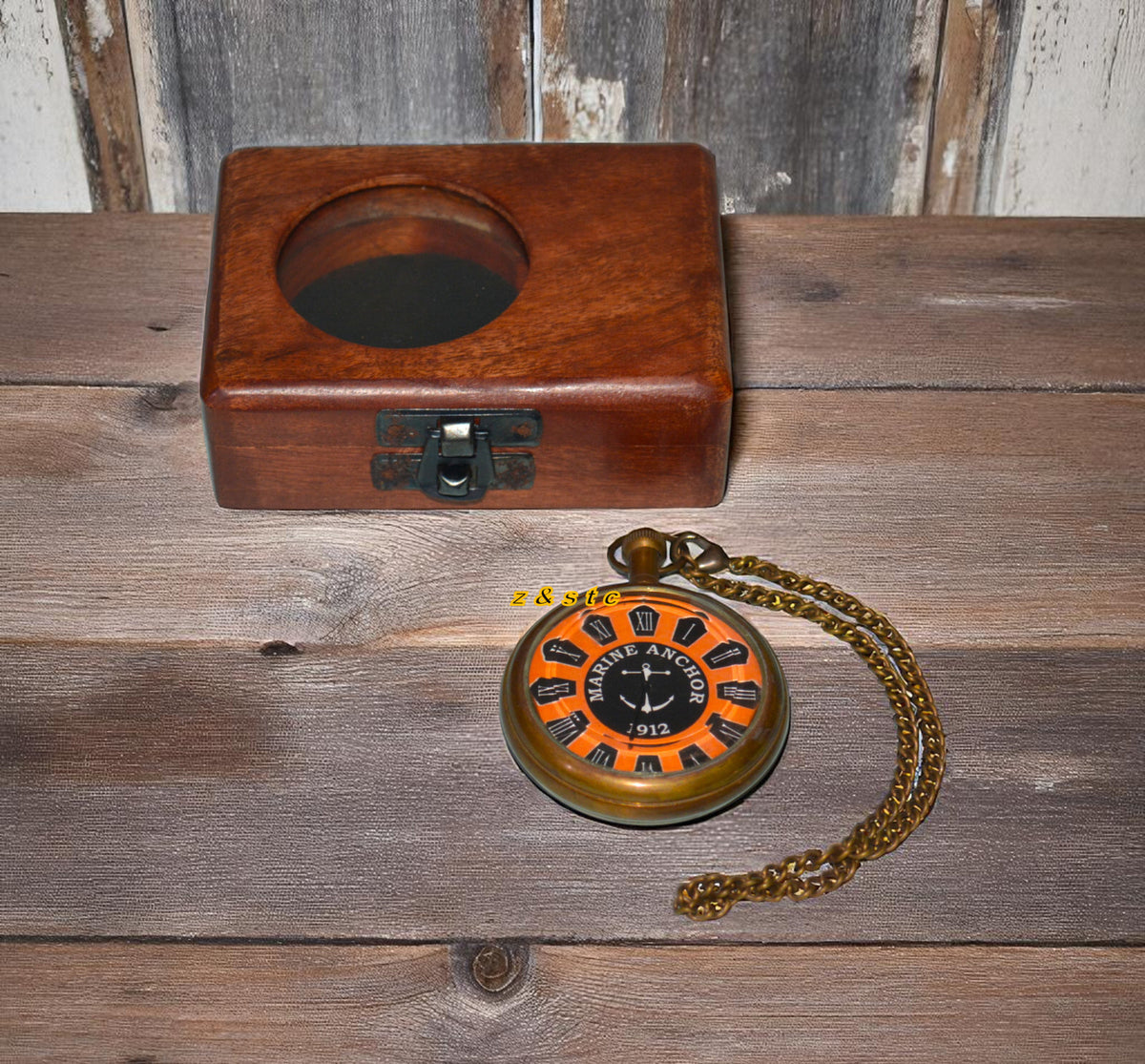 Antique style marine pocket watch – 1912 brass anchor design with box