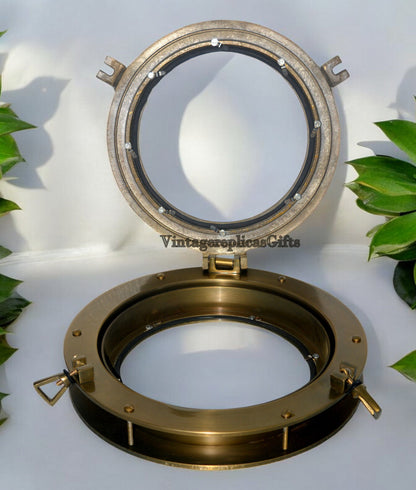 15” Brown Canal Boat Porthole Window Glass – Nautical Home Decor Door Accent