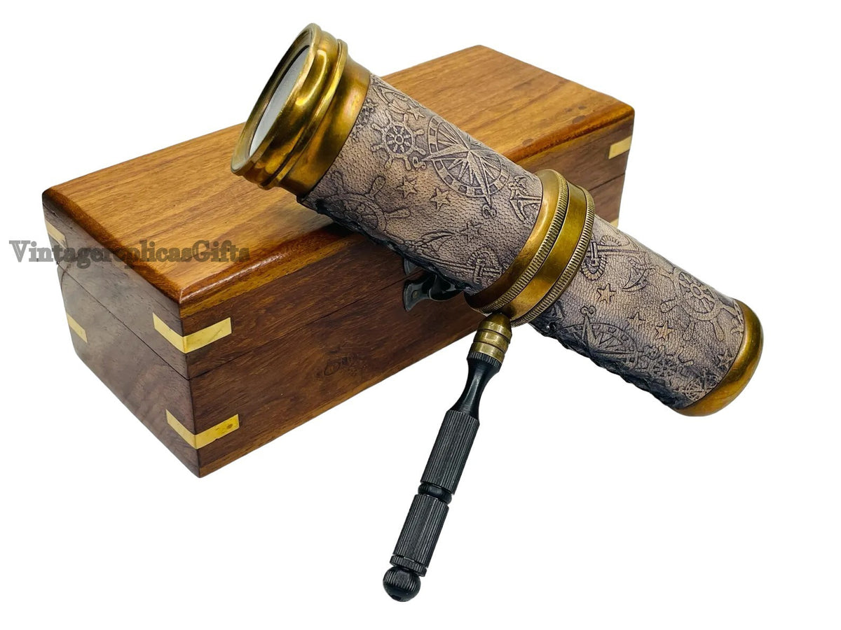 vintage style brass & leather Kaleidoscope w/ Wooden Box Custom Wedding Gift,