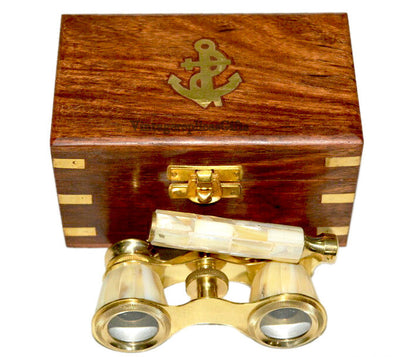 Brass 4" Mother of Pearl Binoculars – Nautical Maritime with Wooden Box