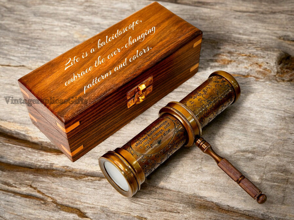 Vintage Brass Kaleidoscope w/ Wooden Box Engraved Custom Wedding Gift, Kids Toy