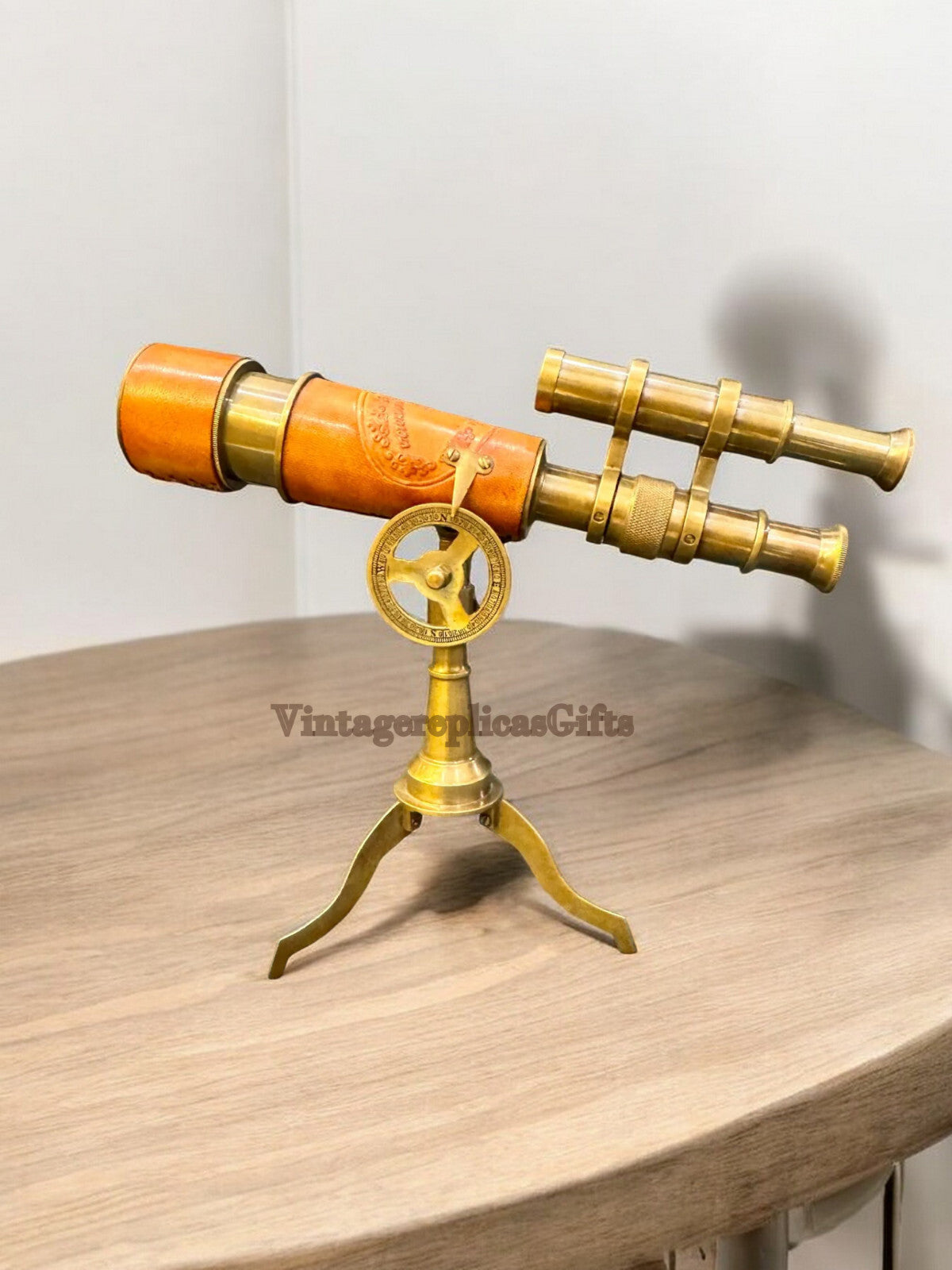 Brass & Leather Spyglass Double Barrel Telescope Tripod Home Office Decor Gift