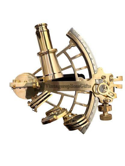 Antique Replica 9" Brass Sextant  Nautical Decor & Navigation Tool W/ wooden Box