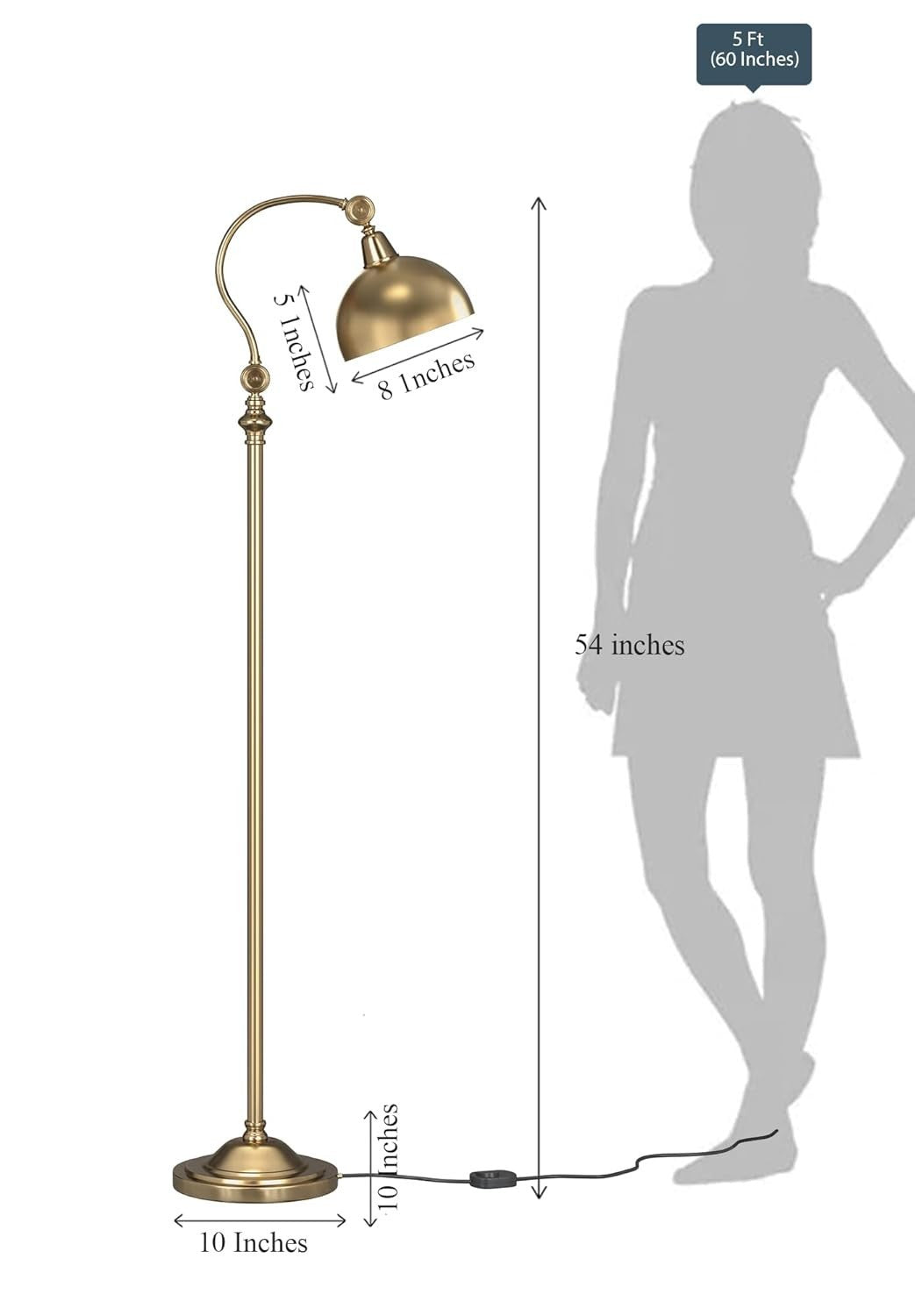 Antique Brass Finish Floor Lamp Adjustable Arm, 4.5ft Freestanding Reading Light