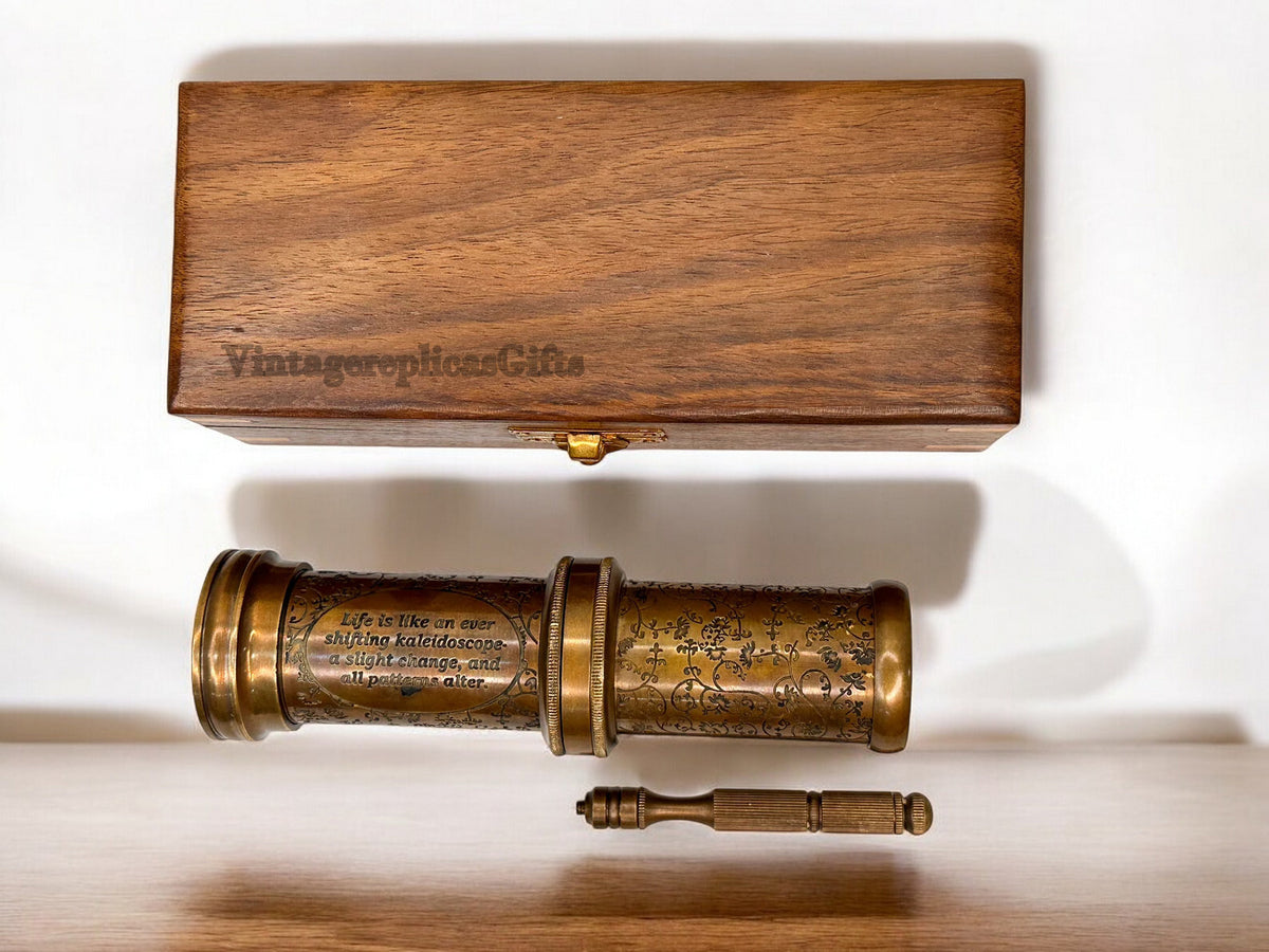 Vintage Brass Kaleidoscope w/ Wooden Box Engraved Custom Wedding Gift, Kids Toy