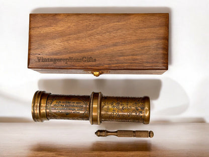 Vintage Brass Kaleidoscope w/ Wooden Box Engraved Custom Wedding Gift, Kids Toy