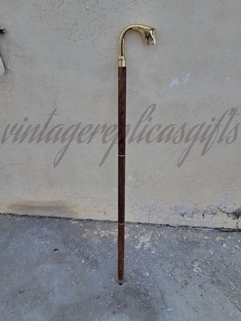 Wolf Head Brass Handle Walking Stick 37" Wooden Cane Handmade Antique Vin