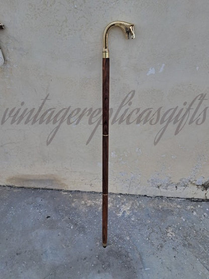 Wolf Head Brass Handle Walking Stick 37" Wooden Cane Handmade Antique Vin