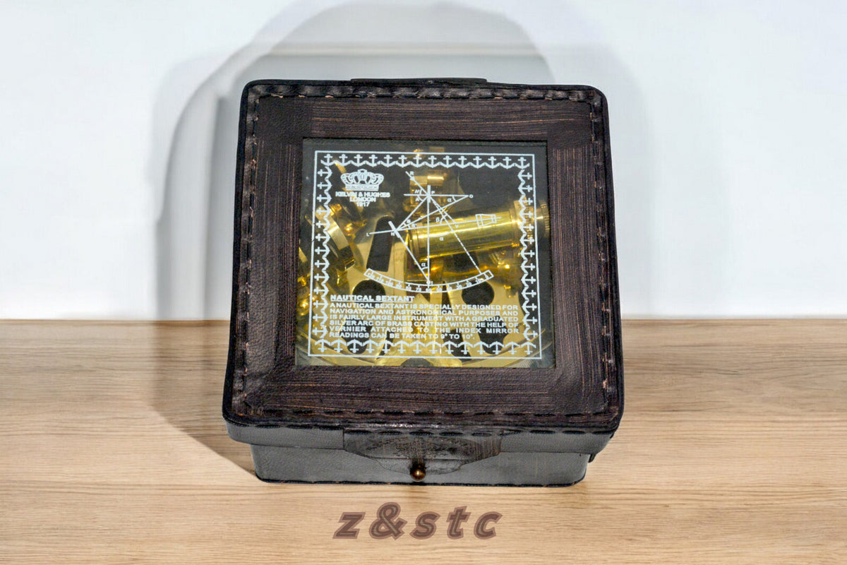 Antique Style 4” Brass Nautical German Sextant with Leather Box  Vintage Replic
