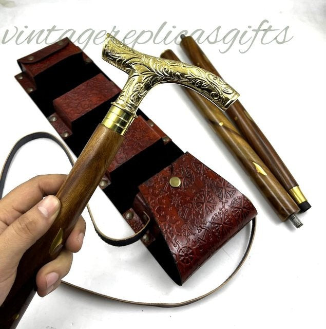 Victorian Brass Folding Cane & Leather Case