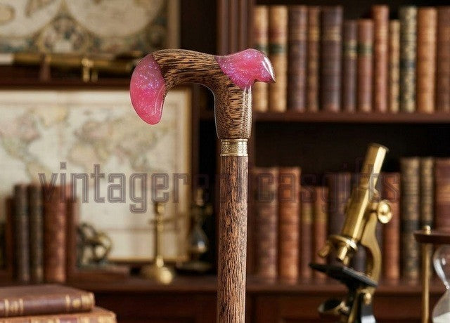 Designer Walking Cane Palm Wood – Pink Handle Stylish Mobility Stick 36 In