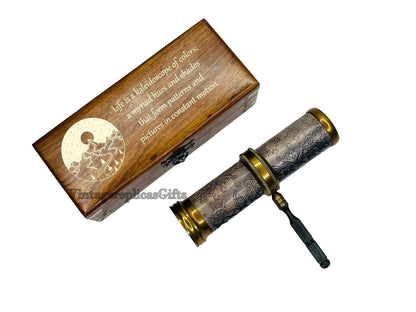 vintage style brass & leather Kaleidoscope w/ Wooden Box Custom Wedding Gift,