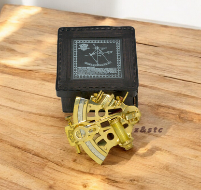 Antique Style 4” Brass Nautical German Sextant with Leather Box  Vintage Replic