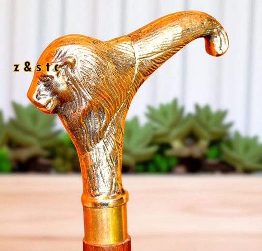 Brass Lion Head Walking Cane Vintage-Inspired Walking Stick