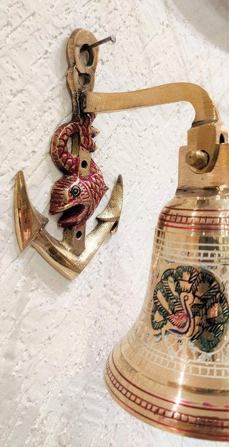 Vintage Brass Gate Entrance Bell Wall Mounted Anchor Design for Home' Temple etc
