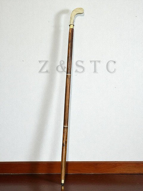 Antique vintage  Walking Stick – Brass Golf Club Handle, Wooden Shaft