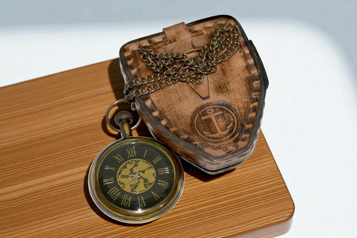Vintage Brass Pocket Watch with Leather Case – Classic Collectible Timepiece
